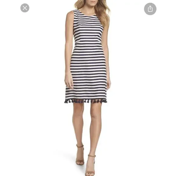 Eliza J Linen Blend Striped Tassel Hem Dress Size 6 NEW Blue White - Picture 10 of 10
